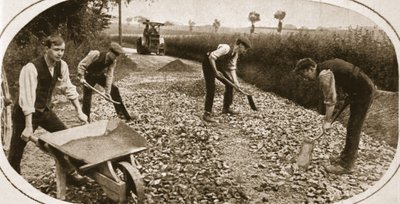 Conscientious Objectors usefully employed: Men of the N.C.C. on a military road, illustration from 